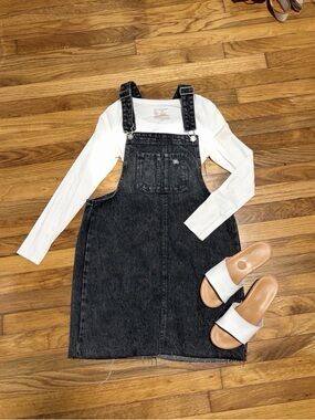 Wild Fable Black Denim Overall Dress Size Medium Distressed